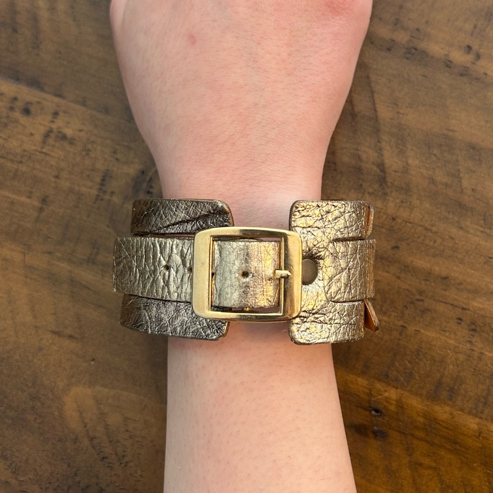 Brave Gold Leather Bracelet Cuff With Adjustable Buckle